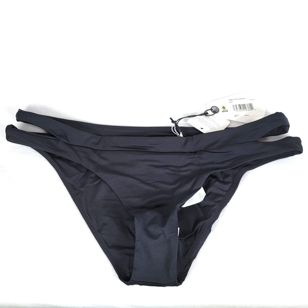 Prana Womens Sugar Shore Swim Bikini Bottom Size Large Black Peek-a-boo Waist